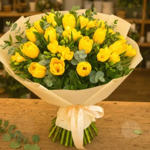Aranjament Flori de Lux Golden Hour cu Cymbidium Galben și Trandafiri - imagine 3