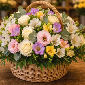 Coș Flori de Sezon Pastel Brunch cu Hortensie și Matthiola - imagine 4