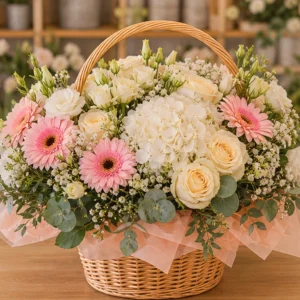 Coș Flori Frumoase Semnătură Pastel cu Cale Mango și Hortensie Roz - imagine 1