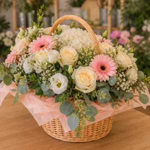 Coș Flori Frumoase Semnătură Pastel cu Cale Mango și Hortensie Roz - imagine 3