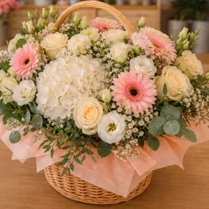 Coș Flori Frumoase Semnătură Pastel cu Cale Mango și Hortensie Roz - imagine 4