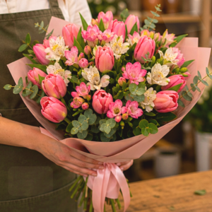 Buchet Flori la Comandă Atelier Pastel cu Lalele și Frezii