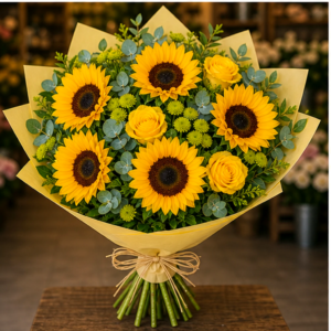 Buchet Personalizat Sunny Sketch cu Floarea Soarelui și Matthiola