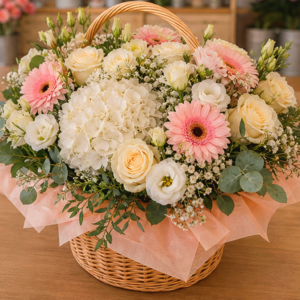 Coș Comandă Flori White Tea cu Lisianthus și Mini Garoafe