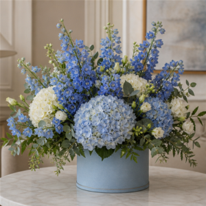 Aranjament București Blue Apartment cu Delphinium și Hortensie - imagine 1