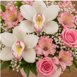 Aranjament cu orhidee alba si alstroemeria roz in cutie rotunda - poza 4