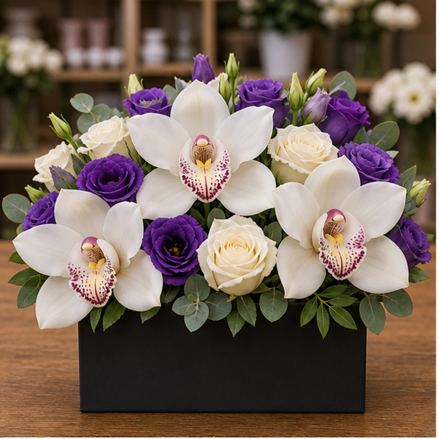 Aranjament cu orhidee alba si eustoma mov in cutie neagra - poza 1