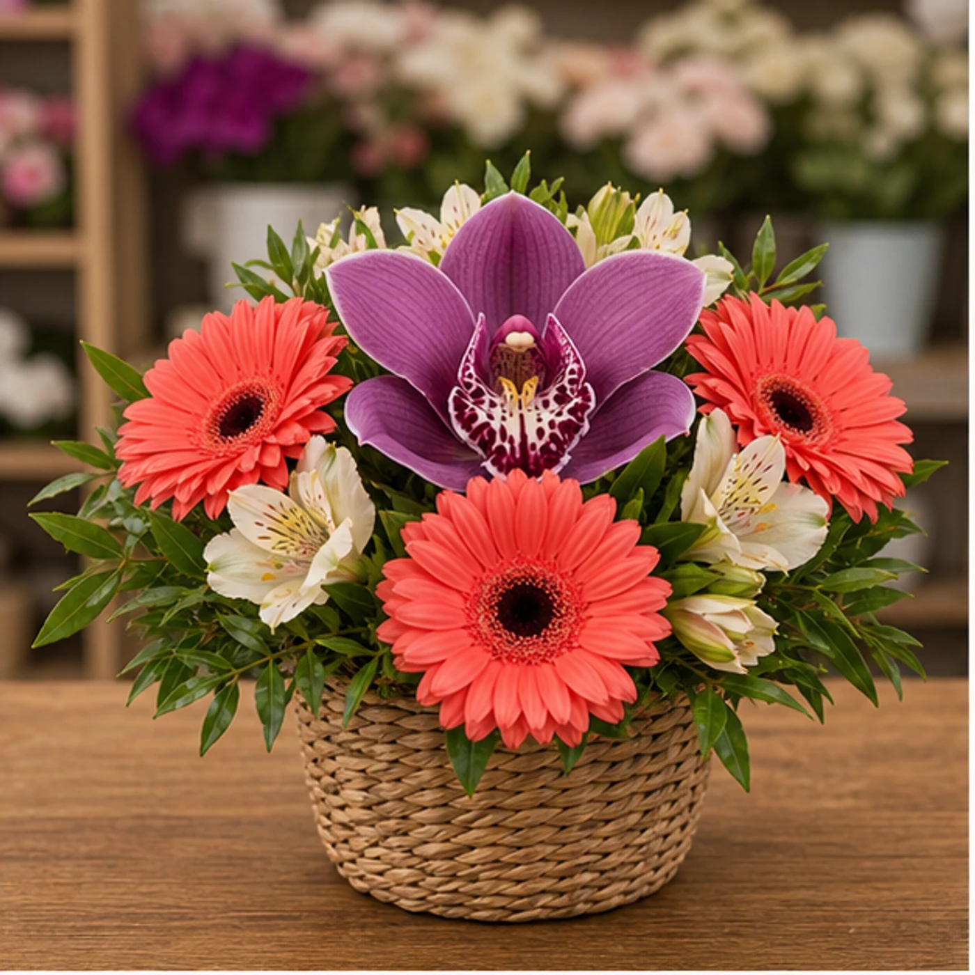 Aranjament cu orhidee mov si gerbera corai in cos mic - poza 1