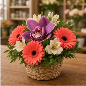 Aranjament cu orhidee mov si gerbera corai in cos mic - poza 2