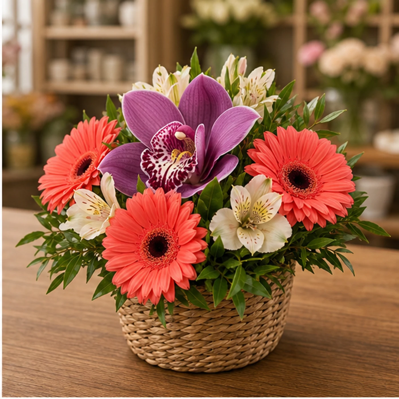 Aranjament cu orhidee mov si gerbera corai in cos mic - poza 2