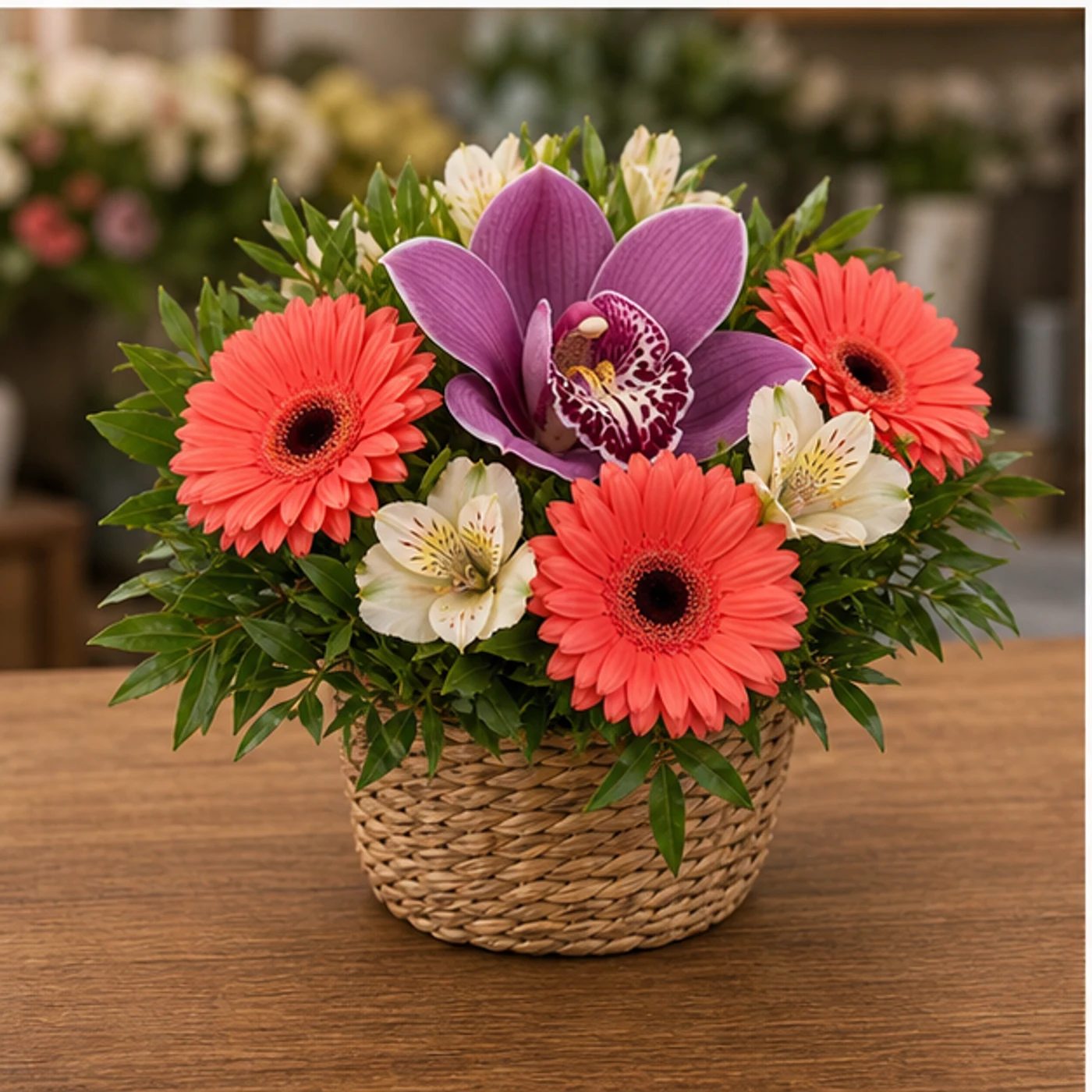 Aranjament cu orhidee mov si gerbera corai in cos mic - poza 3