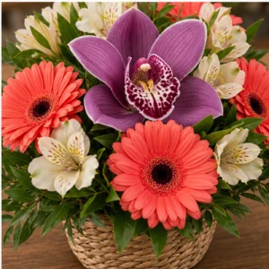 Aranjament cu orhidee mov si gerbera corai in cos mic - poza 4