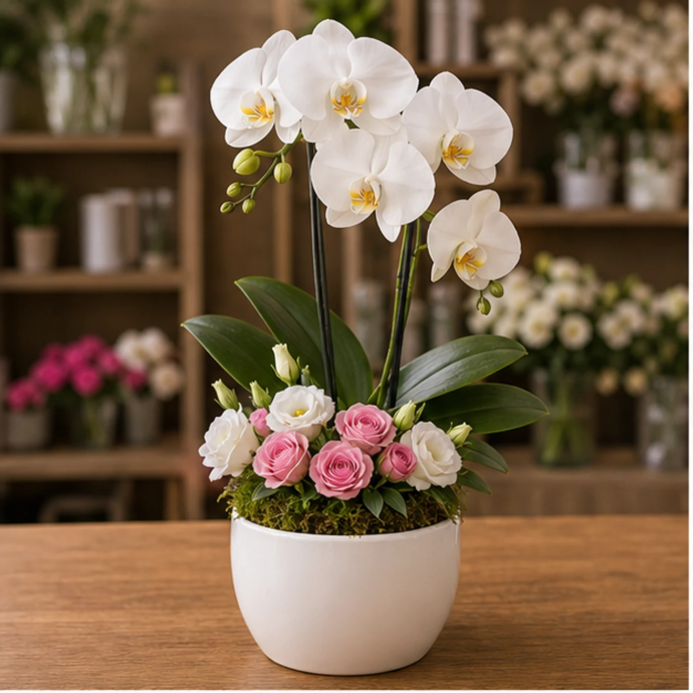 Aranjament cu orhidee phalaenopsis in ghiveci ceramic alb - poza 1