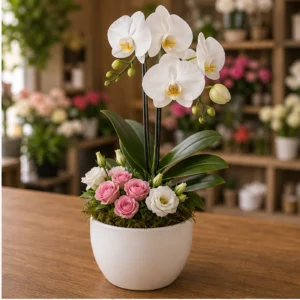 Aranjament cu orhidee phalaenopsis in ghiveci ceramic alb - poza 2