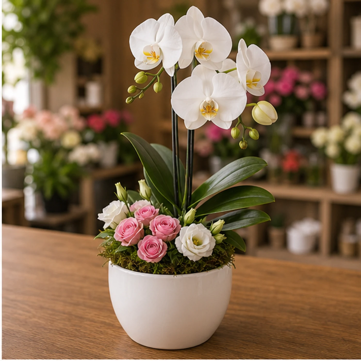 Aranjament cu orhidee phalaenopsis in ghiveci ceramic alb - poza 2