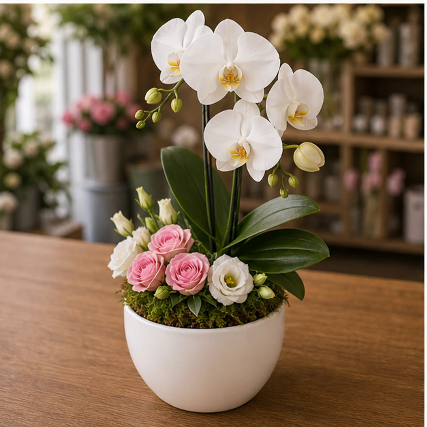 Aranjament cu orhidee phalaenopsis in ghiveci ceramic alb - poza 3