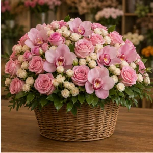 Aranjament cu orhidee roz si trandafiri premium in cos mare - poza 2