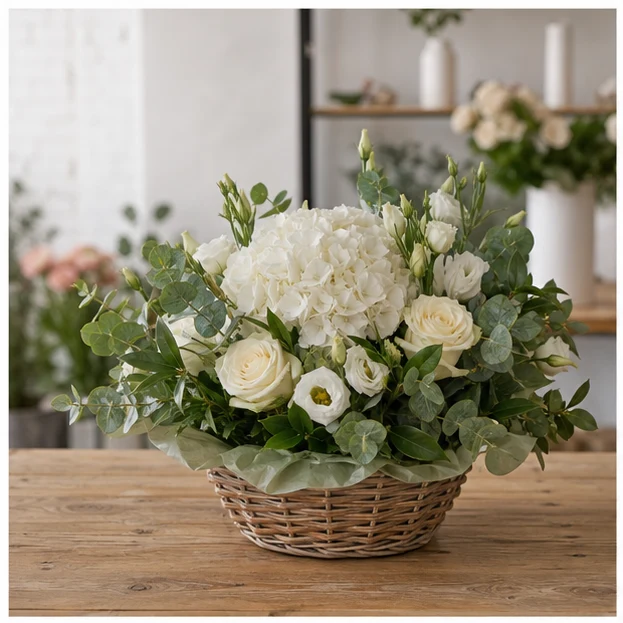Livrare aranjamente florale pentru decorarea locuintei cos cu hortensie alba - poza 1