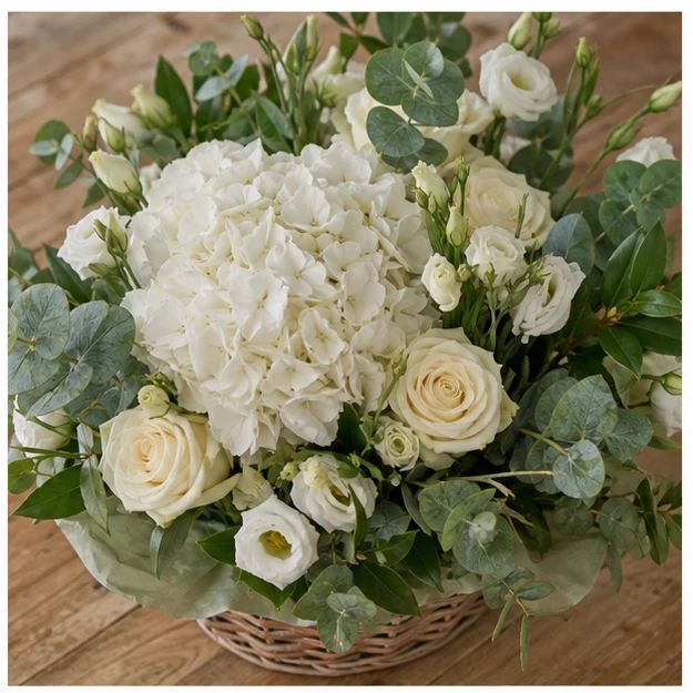 Livrare aranjamente florale pentru decorarea locuintei cos cu hortensie alba - poza 2