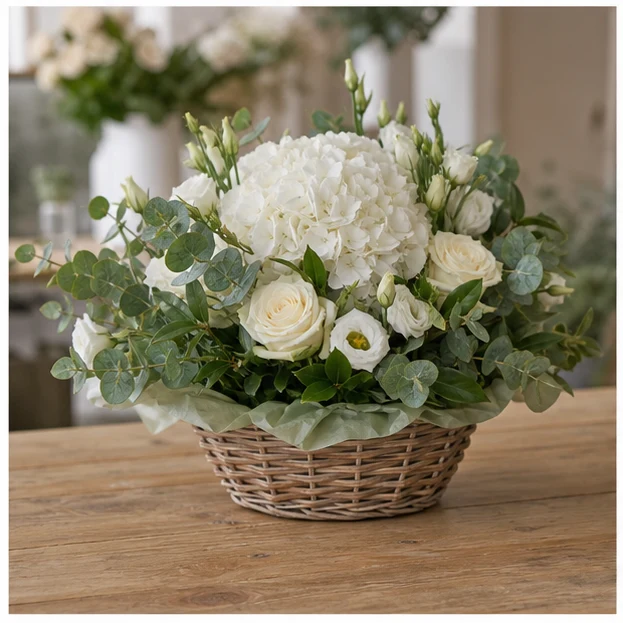 Livrare aranjamente florale pentru decorarea locuintei cos cu hortensie alba - poza 3