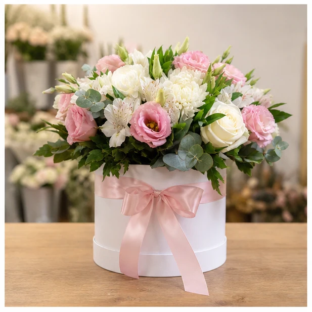 Livrare aranjamente florale pentru decorarea locuintei cutie premium alb roz - poza 1