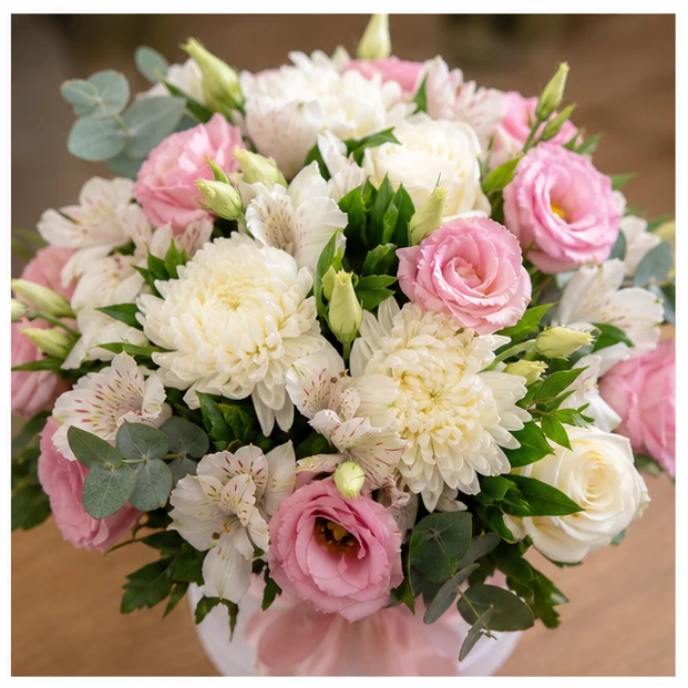 Livrare aranjamente florale pentru decorarea locuintei cutie premium alb roz - poza 2