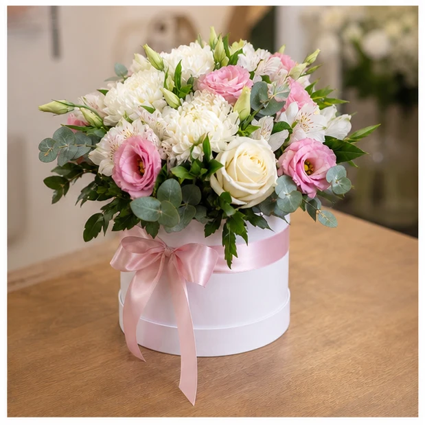 Livrare aranjamente florale pentru decorarea locuintei cutie premium alb roz - poza 3