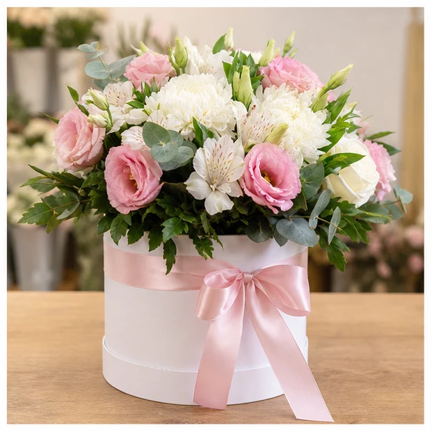 Livrare aranjamente florale pentru decorarea locuintei cutie premium alb roz - poza 4