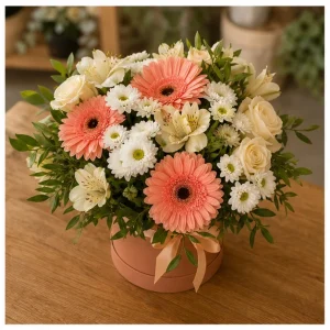 Livrare aranjamente florale pentru decorarea locuintei cutie cu accente somon - poza 2