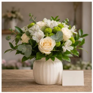 Livrare aranjamente florale pentru decorarea locuintei pachet decor cu vas si felicitare - poza 1