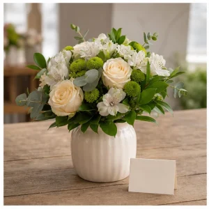 Livrare aranjamente florale pentru decorarea locuintei pachet decor cu vas si felicitare - poza 3