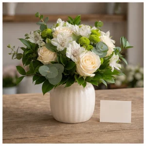 Livrare aranjamente florale pentru decorarea locuintei pachet decor cu vas si felicitare - poza 4