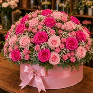 Aranjament floral 18 ani cu trandafiri roz premium - poza 3