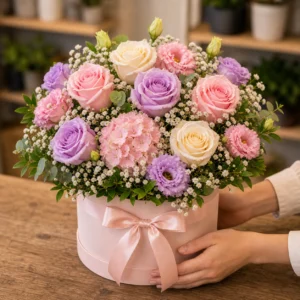 Aranjament floral 18 ani in cutie pastel - poza 3