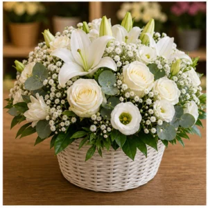 Aranjament floral alb cu crini si trandafiri - poza 3