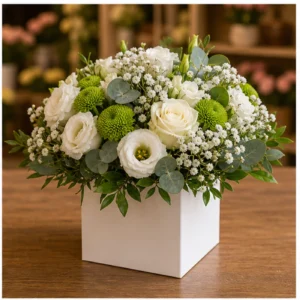 Aranjament floral alb verde cu lisianthus si santini - poza 2