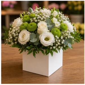 Aranjament floral alb verde cu lisianthus si santini - poza 3