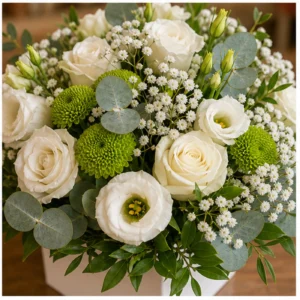 Aranjament floral alb verde cu lisianthus si santini - poza 4