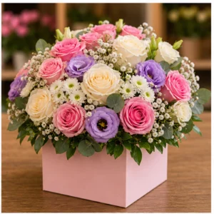 Aranjament floral cu trandafiri si eustoma mov - poza 2