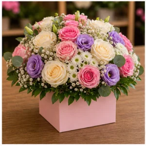 Aranjament floral cu trandafiri si eustoma mov - poza 3