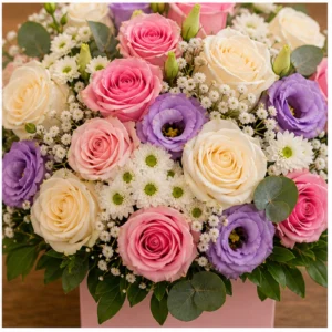 Aranjament floral cu trandafiri si eustoma mov - poza 4