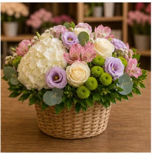Aranjament floral elegant in cos cu hortensie - poza 2