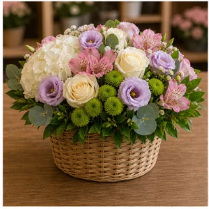 Aranjament floral elegant in cos cu hortensie - poza 3