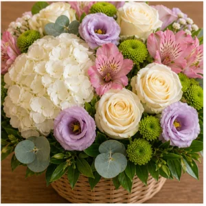 Aranjament floral elegant in cos cu hortensie - poza 4