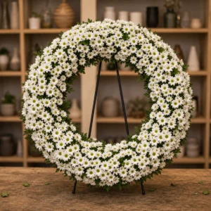 Aranjament floral funerar coroana alba densa cu crizanteme - poza 1