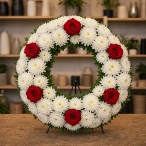 Aranjament floral funerar coroana cu trandafiri rosii si crizanteme - poza 1