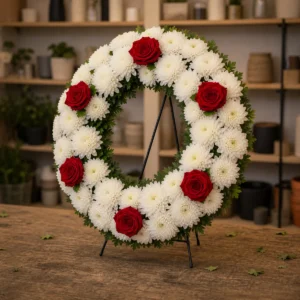 Aranjament floral funerar coroana cu trandafiri rosii si crizanteme - poza 3