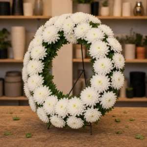 Aranjament floral funerar coroana eleganta din crizanteme albe - poza 3