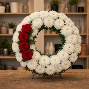 Aranjament floral funerar coroana eleganta din crizanteme albe - poza 4
