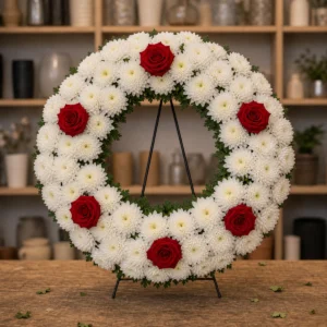 Aranjament floral funerar coroana omagiu cu trandafiri rosii - poza 1